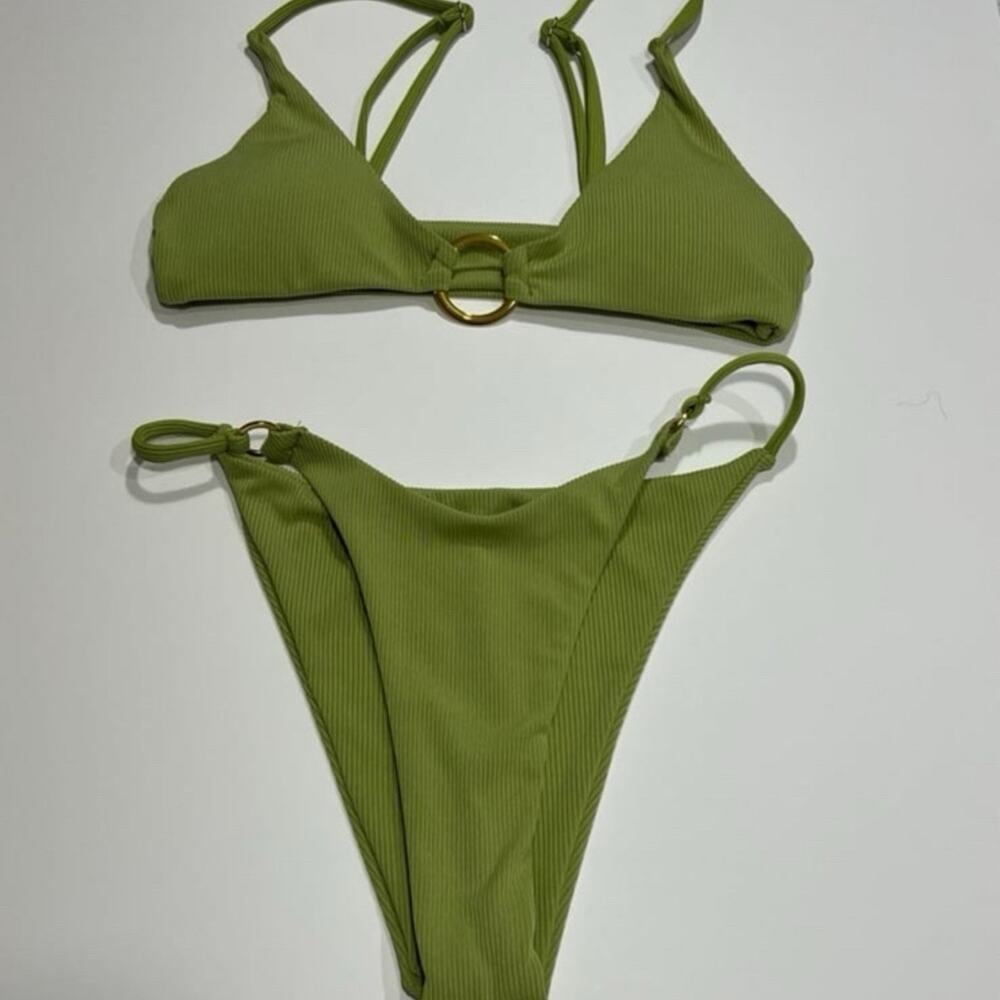 Green Ribbed Bikini with Gold Ring Detail - Brand New